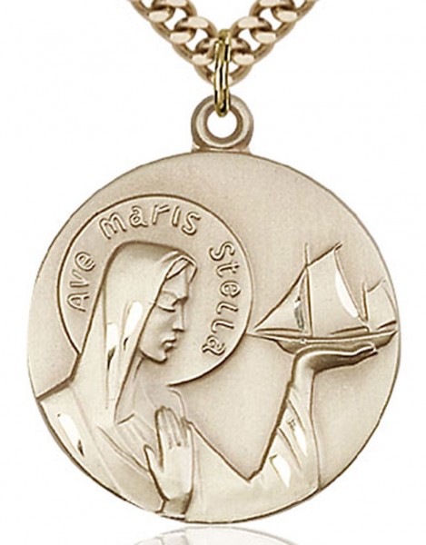 Our Lady Star of the Sea Medal, Gold Filled - 24&quot; 2.4mm Gold Plated Endless Chain