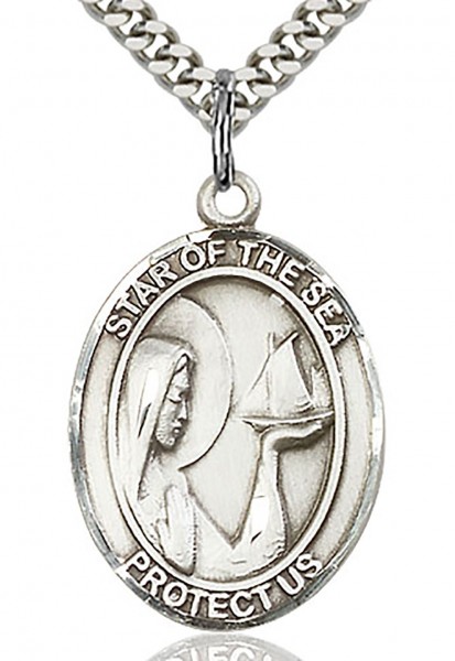Our Lady Star of the Sea Medal, Sterling Silver, Large - 24&quot; 2.4mm Rhodium Plate Chain + Clasp