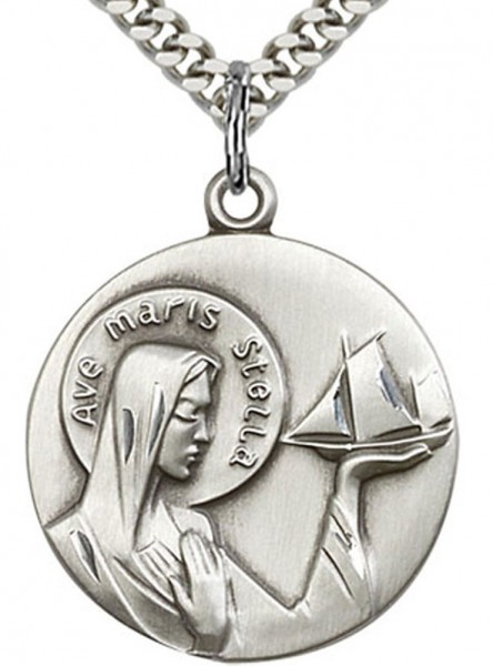 Our Lady Star of the Sea Medal, Sterling Silver - 24&quot; 2.4mm Rhodium Plate Endless Chain