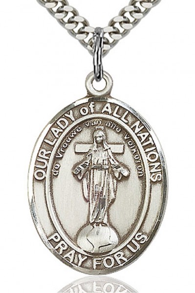Our Lady of All Nations Medal, Sterling Silver, Large - 24&quot; 2.4mm Rhodium Plate Chain + Clasp