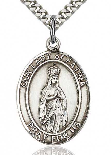 Our Lady of Fatima Medal, Sterling Silver, Large - 24&quot; 2.4mm Rhodium Plate Chain + Clasp