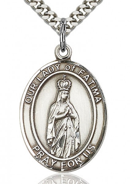 Our Lady of Fatima Medal, Sterling Silver, Large - 24&quot; 2.4mm Rhodium Plate Endless Chain