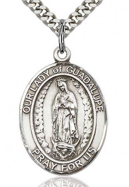 Our Lady of Guadalupe Medal, Sterling Silver, Large - 24&quot; 2.4mm Rhodium Plate Chain + Clasp