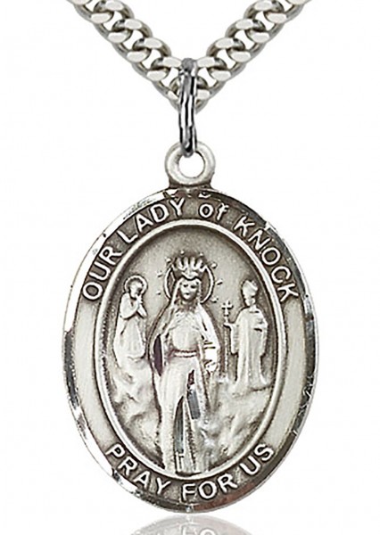 Our Lady of Knock Medal, Sterling Silver, Large - 24&quot; 2.4mm Rhodium Plate Chain + Clasp