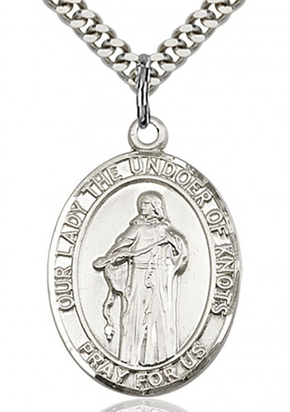 Our Lady of Knots Medal, Sterling Silver, Large - 24&quot; 2.4mm Rhodium Plate Chain + Clasp