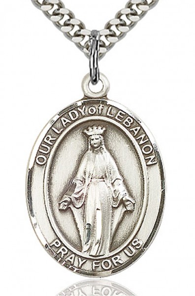Our Lady of Lebanon Medal, Sterling Silver, Large - 24&quot; 2.4mm Rhodium Plate Chain + Clasp