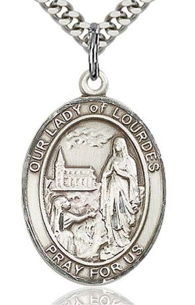 Our Lady of Lourdes Medal, Sterling Silver, Large - 24&quot; 2.4mm Rhodium Plate Chain + Clasp