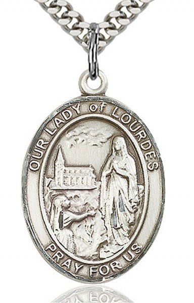 Our Lady of Lourdes Medal, Sterling Silver, Large - 24&quot; 2.4mm Rhodium Plate Endless Chain