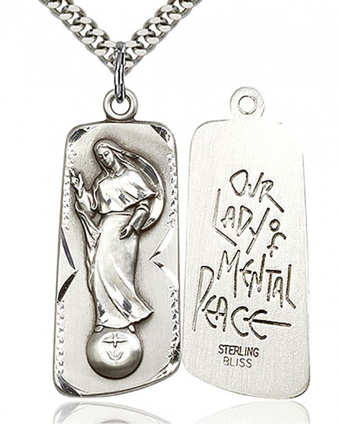 Our Lady of Mental Peace Medal, Sterling Silver - 24&quot; 2.4mm Rhodium Plate Endless Chain