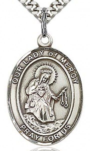 Our Lady of Mercy Medal, Sterling Silver, Large - 24&quot; 2.4mm Rhodium Plate Chain + Clasp