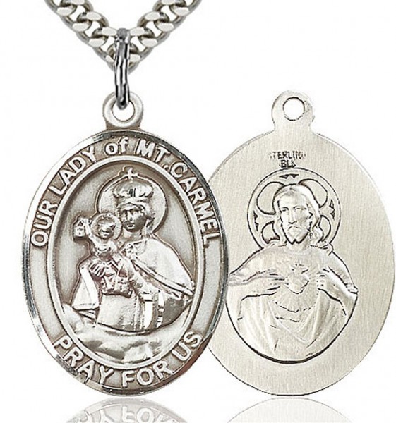 Our Lady of Mount Carmel Medal, Sterling Silver, Large - 24&quot; 2.4mm Rhodium Plate Chain + Clasp