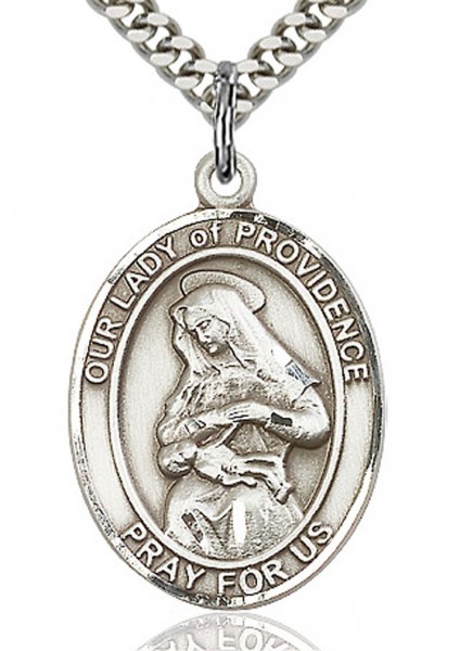 Our Lady of Providence Medal, Sterling Silver, Large - 24&quot; 2.4mm Rhodium Plate Chain + Clasp