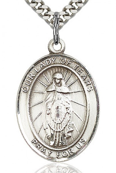 Our Lady of Tears Medal, Sterling Silver, Large - 24&quot; 2.4mm Rhodium Plate Chain + Clasp