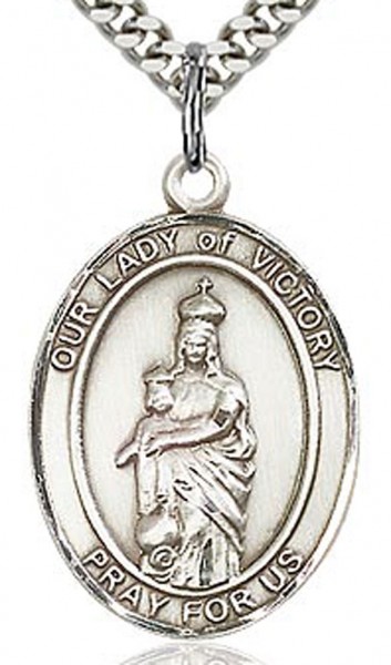 Our Lady of Victory Medal, Sterling Silver, Large - 24&quot; 2.4mm Rhodium Plate Chain + Clasp