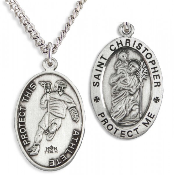 Oval Men's Saint Christopher Lacrosse Necklace - 24&quot; 3mm Stainless Steel Chain + Clasp
