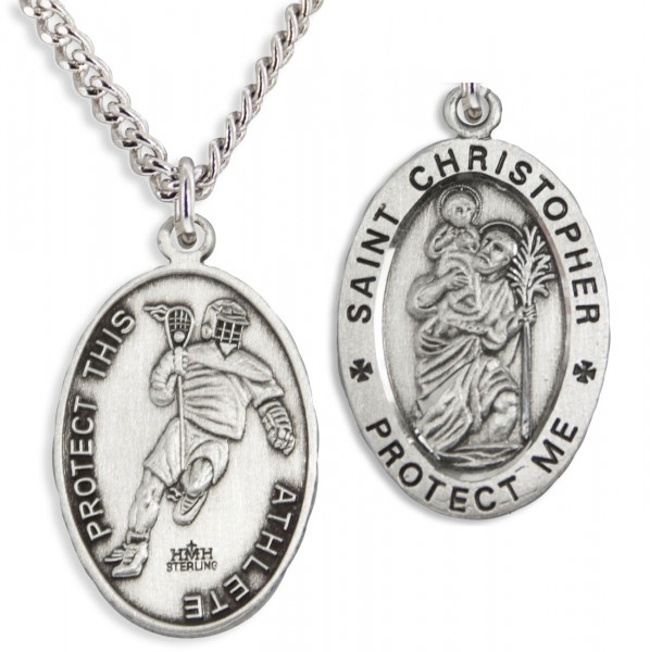 Oval Men's Saint Christopher Lacrosse Necklace - 24&quot; Sterling Silver Chain + Clasp