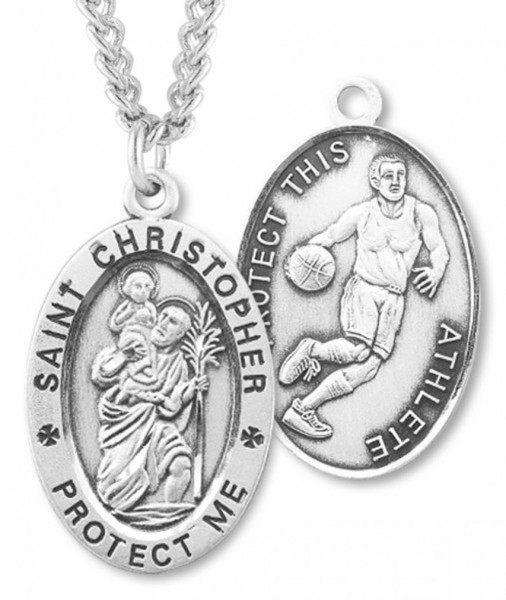 Oval Men's St. Christopher Basketball Necklace With Chain - 24&quot; 3mm Stainless Steel Endless Chain