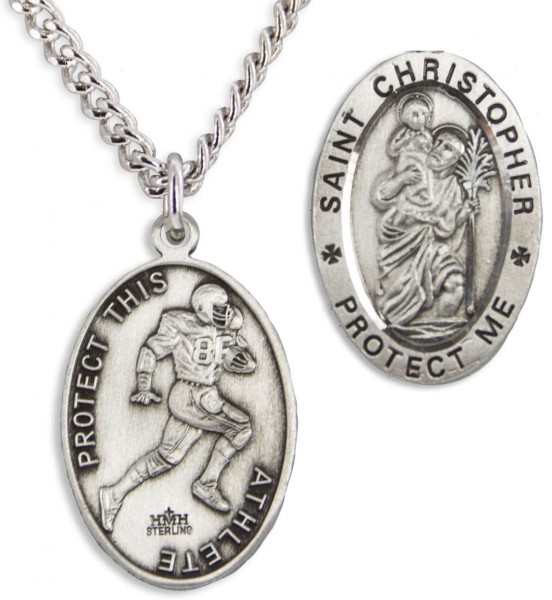Oval Men's St. Christopher Football Necklace With Chain - 24&quot; 3mm Stainless Steel Chain + Clasp