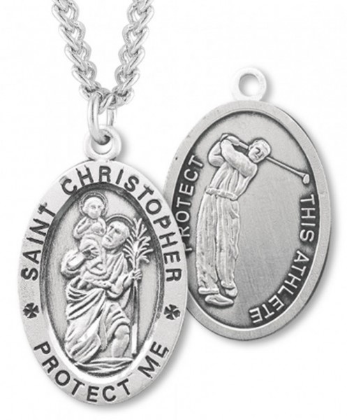 Oval Boy's St. Christopher Golf Necklace With Chain - 24&quot; 3mm Stainless Steel Endless Chain