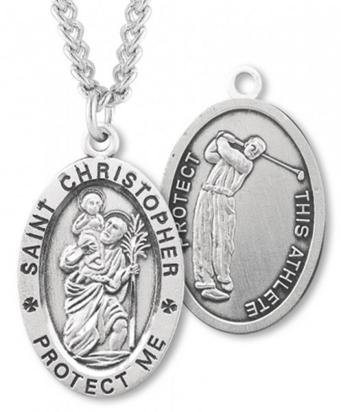 Oval Boy's St. Christopher Golf Necklace With Chain - 24&quot; 3mm Stainless Steel Chain + Clasp