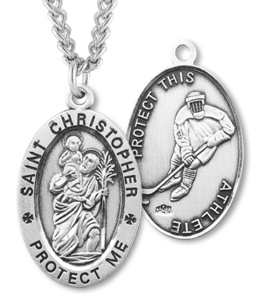 Oval Men's St. Christopher Ice Hockey Necklace With Chain - 24&quot; 3mm Stainless Steel Endless Chain