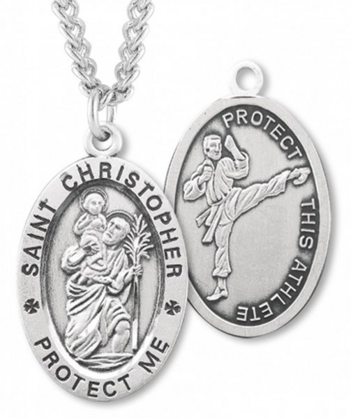 Oval Boy's St. Christopher Martial Arts Necklace With Chain - 24&quot; 3mm Stainless Steel Endless Chain