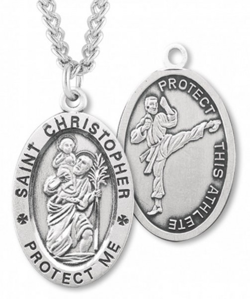 Oval Boy's St. Christopher Martial Arts Necklace With Chain - 24&quot; 3mm Stainless Steel Chain + Clasp