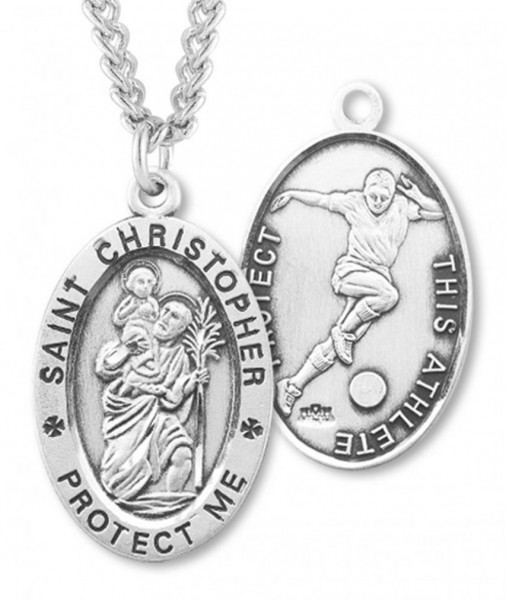 Oval Boy's St. Christopher Soccer Necklace With Chain - 24&quot; 3mm Stainless Steel Endless Chain