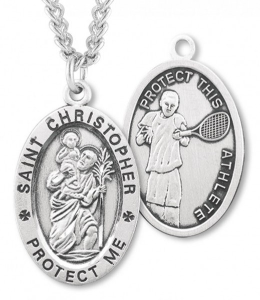 Oval Men's St. Christopher Tennis Necklace With Chain - 24&quot; 3mm Stainless Steel Chain + Clasp