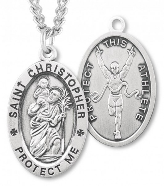 Oval Boy's St. Christopher Track Necklace With Chain - 24&quot; 3mm Stainless Steel Chain + Clasp