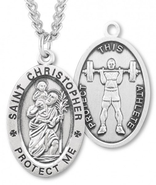 Oval Boy's St. Christopher Weight Lifting Necklace With Chain - 24&quot; 3mm Stainless Steel Endless Chain