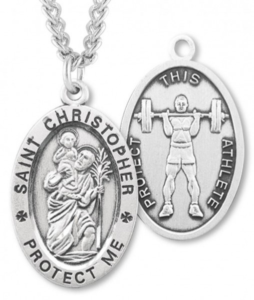 Oval Boy's St. Christopher Weight Lifting Necklace With Chain - 24&quot; 3mm Stainless Steel Chain + Clasp