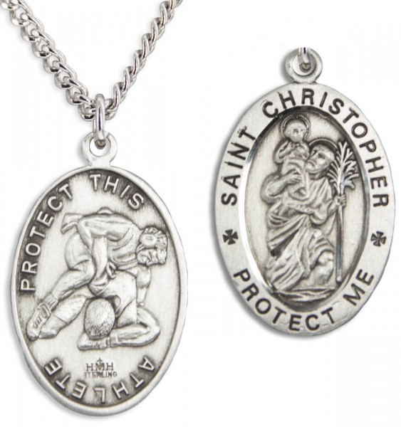 Oval Men's St. Christopher Wrestling Necklace With Chain - 24&quot; 3mm Stainless Steel Chain + Clasp
