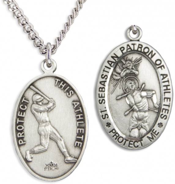 Oval Men's St. Sebastian Baseball Necklace With Chain - 24&quot; 3mm Stainless Steel Endless Chain