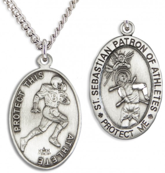 Oval Men's St. Sebastian Football Necklace With Chain - 24&quot; 3mm Stainless Steel Chain + Clasp