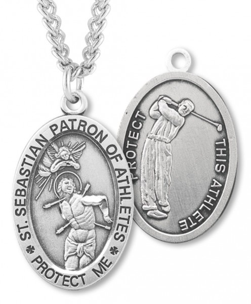 Oval Boy's St. Sebastian Golf Necklace With Chain - 24&quot; 3mm Stainless Steel Endless Chain