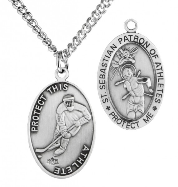 Oval Men's St. Sebastian Ice Hockey Necklace With Chain - 24&quot; 3mm Stainless Steel Chain + Clasp
