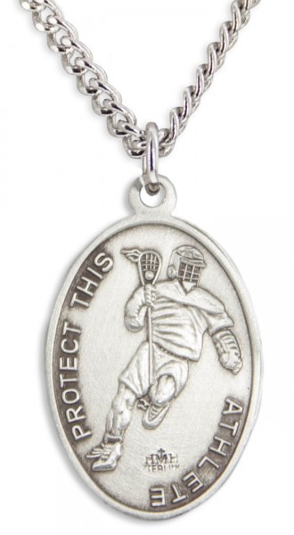 Oval Men's St. Sebastian Lacrosse Necklace With Chain - 24&quot; 3mm Stainless Steel Chain + Clasp