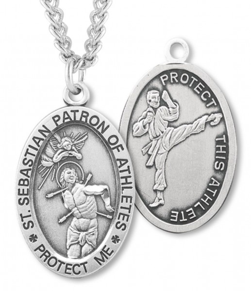 Oval Boy's St. Sebastian Martial Arts Necklace With Chain - 24&quot; 3mm Stainless Steel Chain + Clasp