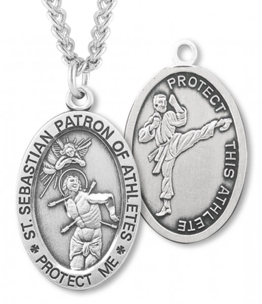 Oval Boy's St. Sebastian Martial Arts Necklace With Chain - 24&quot; Sterling Silver Chain + Clasp