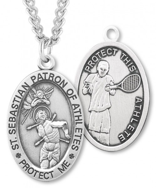 Oval Men's St. Sebastian Tennis Necklace With Chain - 24&quot; 3mm Stainless Steel Chain + Clasp
