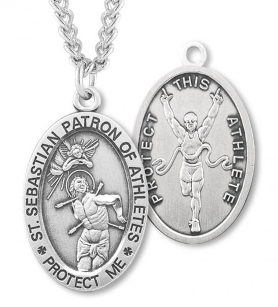 Oval Men's St. Sebastian Track Necklace With Chain - 24&quot; 3mm Stainless Steel Endless Chain