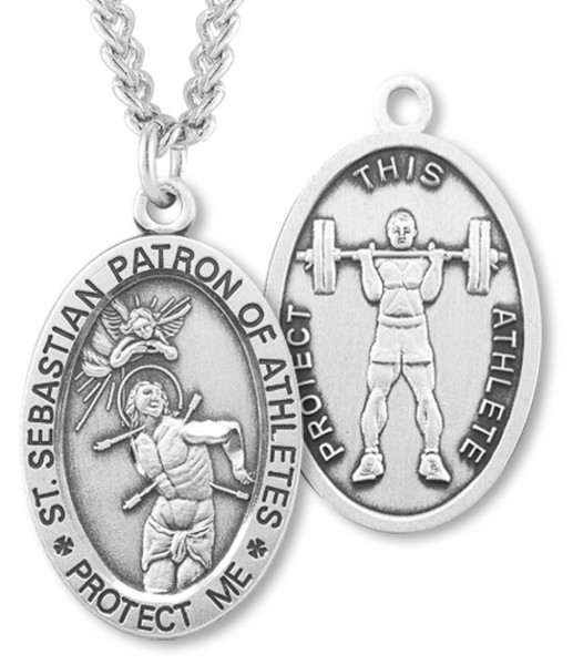 Oval Men's St. Sebastian Weight Lifting Necklace With Chain - 24&quot; 3mm Stainless Steel Endless Chain