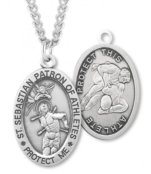 Oval Men's St. Sebastian Wrestling Necklace With Chain - 24&quot; Sterling Silver Chain + Clasp