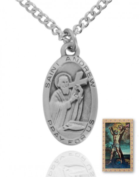 Oval St. Andrew Medal and Prayer Card Set - Silver-tone