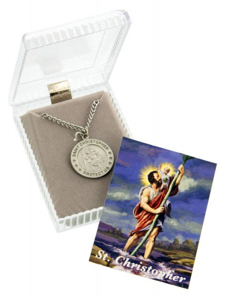 Pewter Round Saint Christopher Pendant with Prayer Card - 24&quot; 2.4mm Rhodium Plate Chain + Clasp