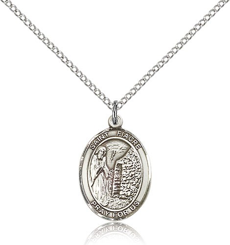 St. Fiacre Medal, Sterling Silver, Medium - 18&quot; 1.2mm Sterling Silver Chain + Clasp