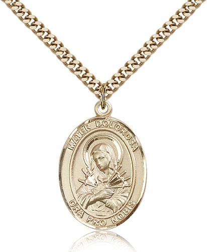 Mater Dolorosa Medal, Gold Filled, Large - 24&quot; 2.4mm Gold Plated Chain + Clasp