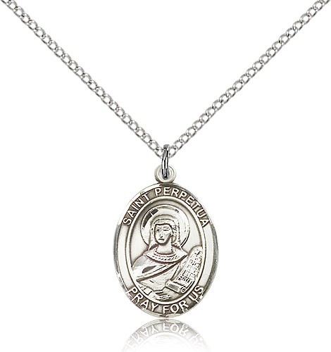 St. Perpetua Medal, Sterling Silver, Medium - 18&quot; 1.2mm Sterling Silver Chain + Clasp