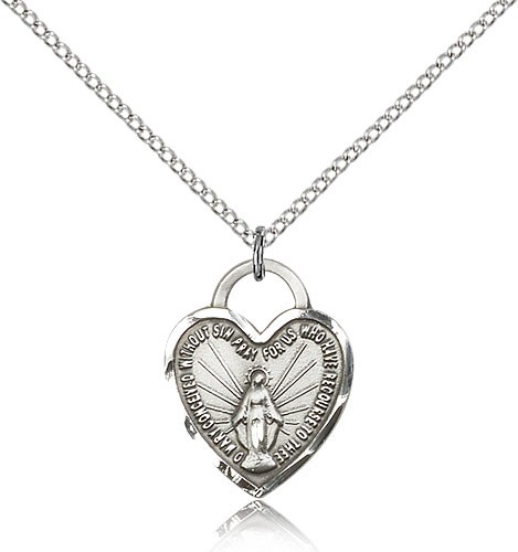 Miraculous Heart Medal, Sterling Silver - 18&quot; 1.2mm Sterling Silver Chain + Clasp